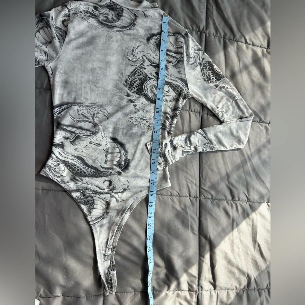 Vintage y2k Gray Dragon‎ Water Print sheer longsleeve Bodysuit small - Picture 7 of 8